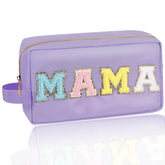 Iqimott Preppy Patch Makeup Bag, Chenille Letter Makeup Pouch Small Toiletry Bag for Women Girls, Nylon Organizer Zipper Pouch Cosmetic Purse for Travel(Purple Mama)